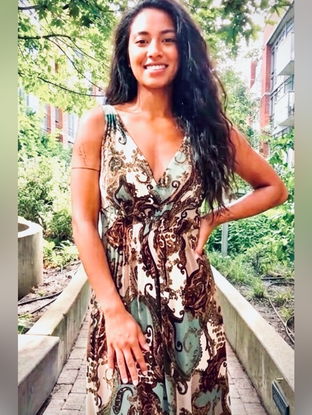 Paisley V-Neck Maxi Dress in Blue and Brown